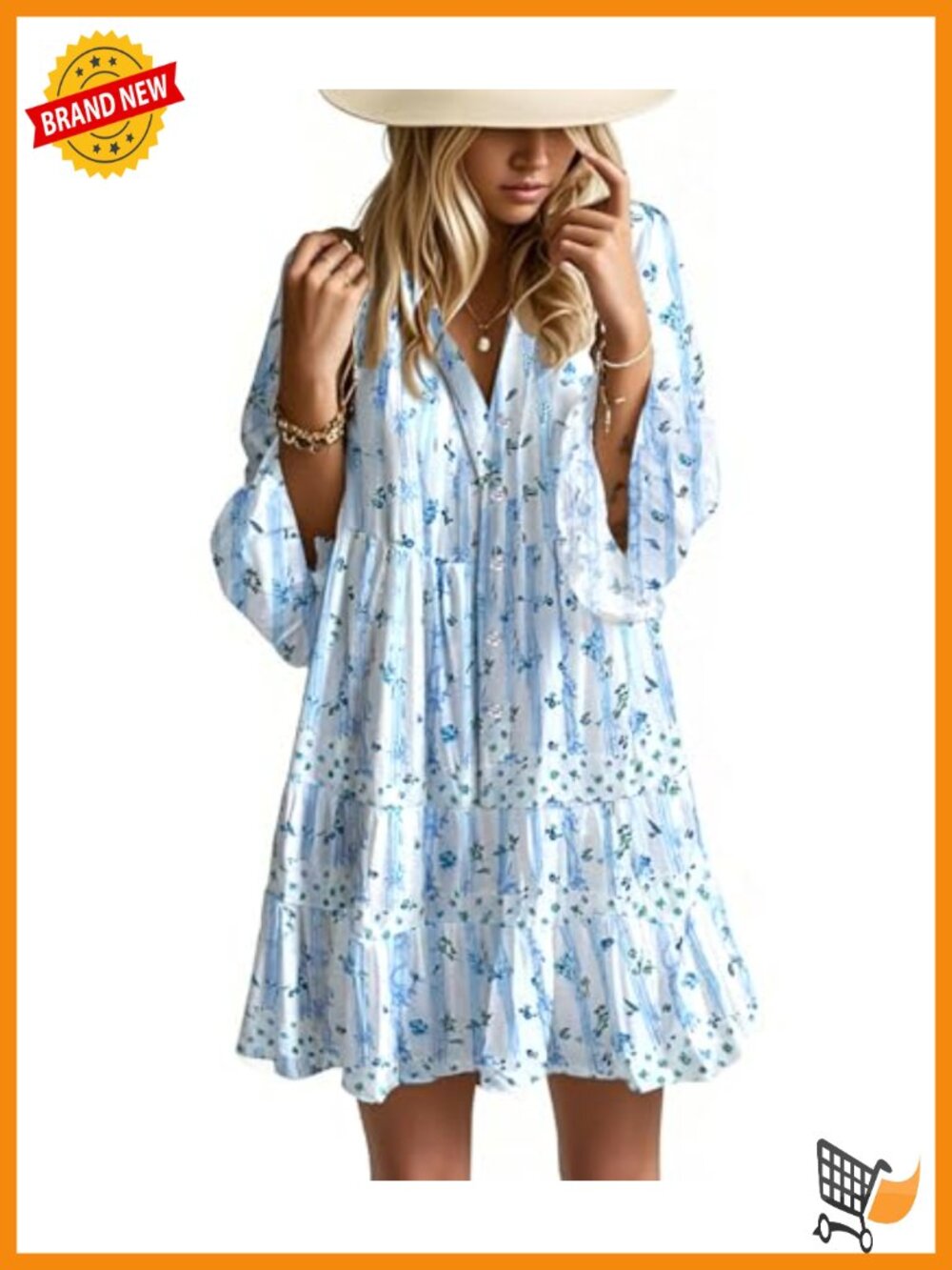 Flowy Ruffle 3/4 Sleeve V Neck A-Line Babydoll Mini Dress